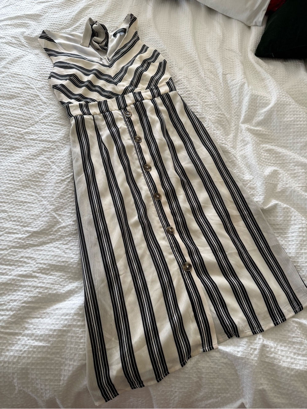 Striped Black and Cream Button-Front Midi Dress